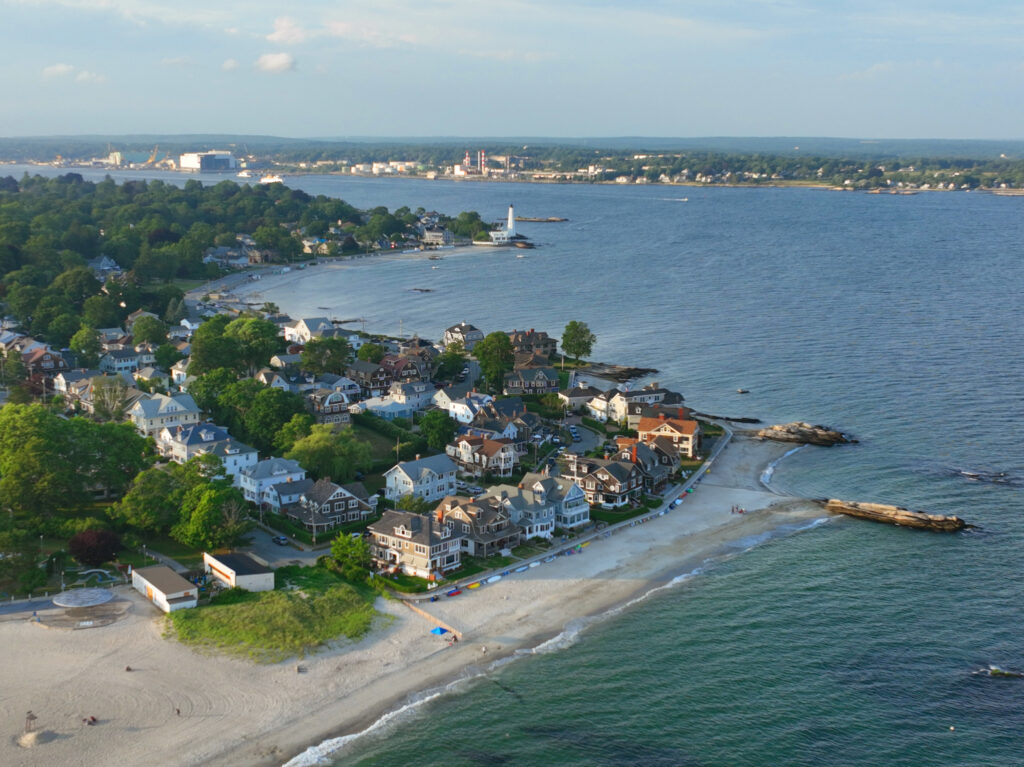 Aerial view of the Connecticut Coast and lighthouse beach