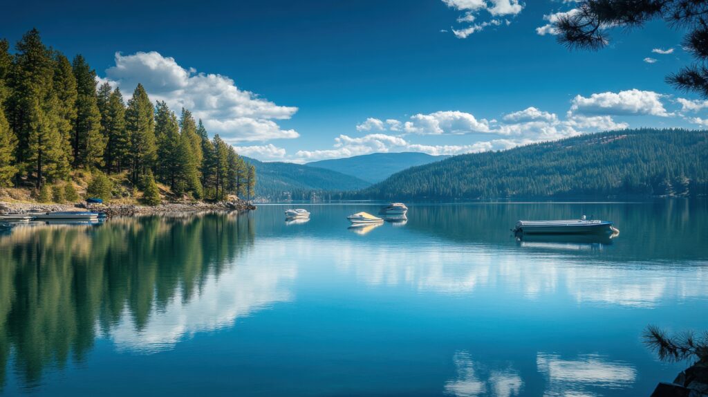 Photo of a blue water Lake Coeur d'Alene with water reflecting white clouds above it in the sky.