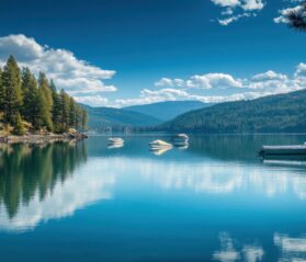 Photo of a blue water Lake Coeur d'Alene with water reflecting white clouds above it in the sky.