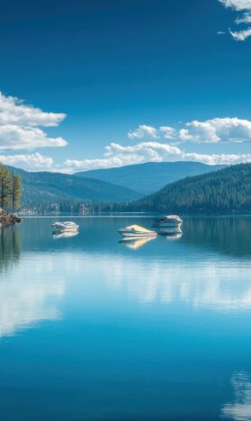 Photo of a blue water Lake Coeur d'Alene with water reflecting white clouds above it in the sky.
