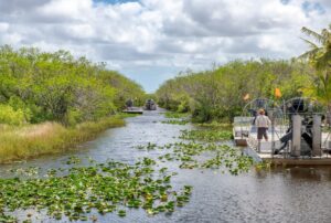 Photo of a man standing on an airboat in a river with plants growing in it, with trees on each side. There is another boat ahead the man is looking toward.