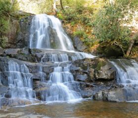 A large cascading waterfall tumbles down into a pool of water nestled in the woods