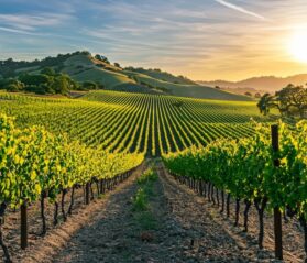 Photo of rows of grapes growing at a vineyard, with green vines and a sunset