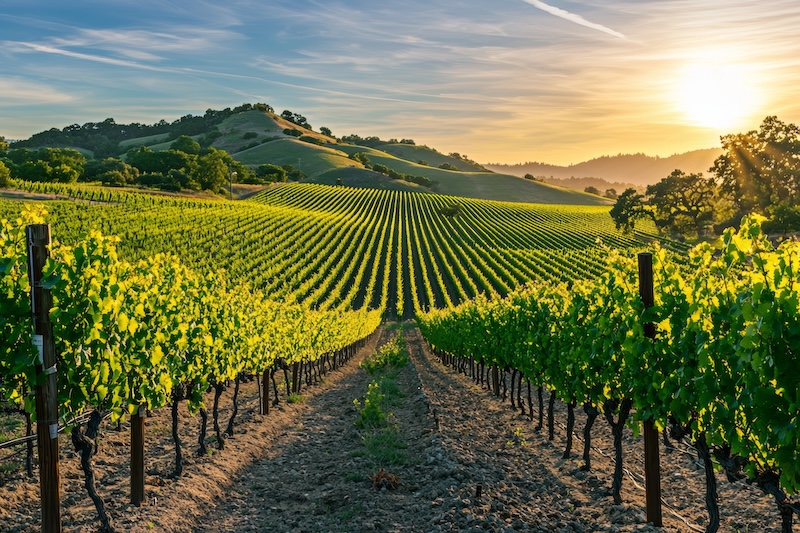 Photo of rows of grapes growing at a vineyard, with green vines and a sunset