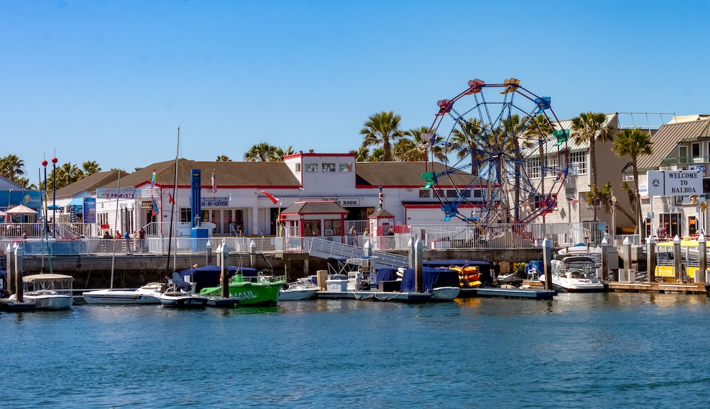 photo of Balboa Fun Zone in Newport Beach on the water with ferris wheel