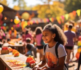 An excited girl at a fall festival with pumpkins and activities