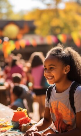 An excited girl at a fall festival with pumpkins and activities