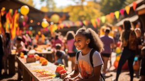 An excited girl at a fall festival with pumpkins and activities