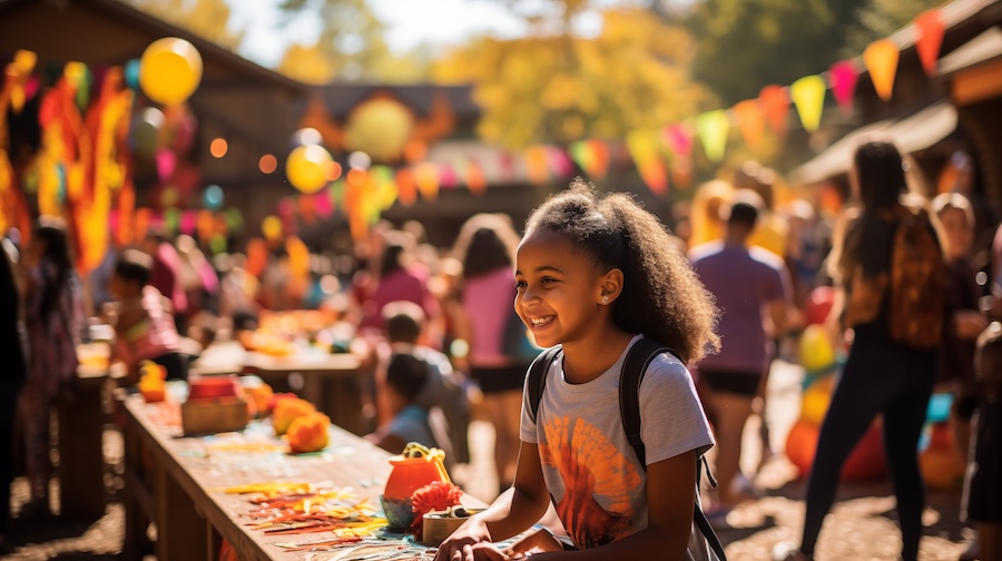 An excited girl at a fall festival with pumpkins and activities