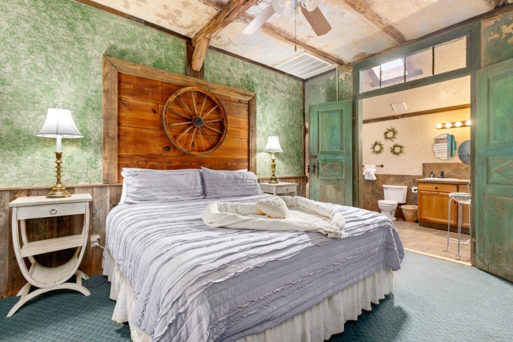 New Braunfels bedroom suite with attached bathroom and rustic flair