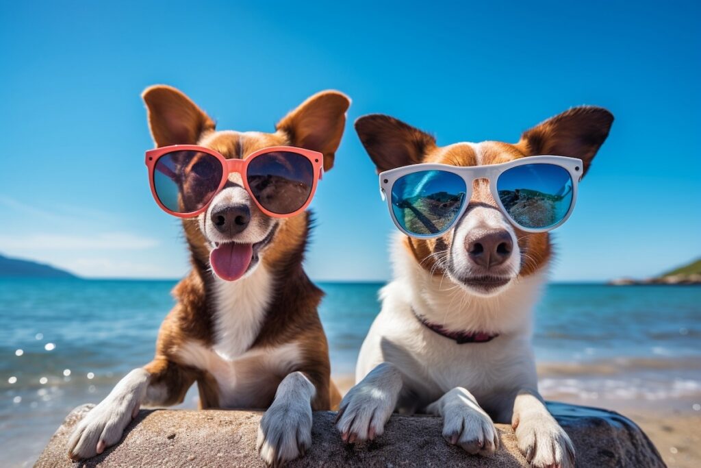 Dogs enjoying a pet-friendly vacation destination along the beach