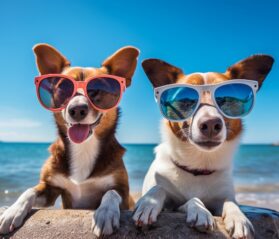 Dogs enjoying a pet-friendly vacation destination along the beach