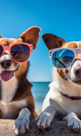 Dogs enjoying a pet-friendly vacation destination along the beach